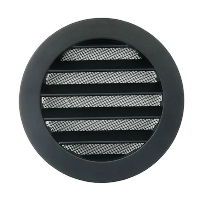 Fekete fém szellőzőrács, rovarhálóval és karimával, Ø 80 mm