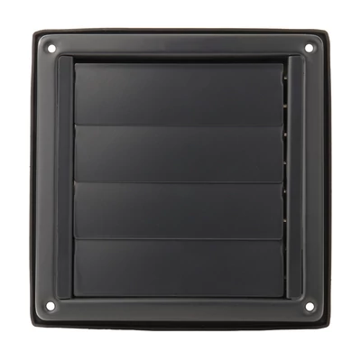 fekete rozsdamentes acél szellőzőrács gravitációs zsaluval, 180x180 mm / Ø 150 mm