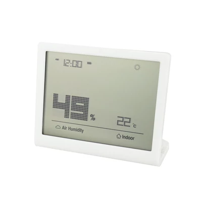 THM digitális LCD páraérzékelő hőmérővel és órával, fehér